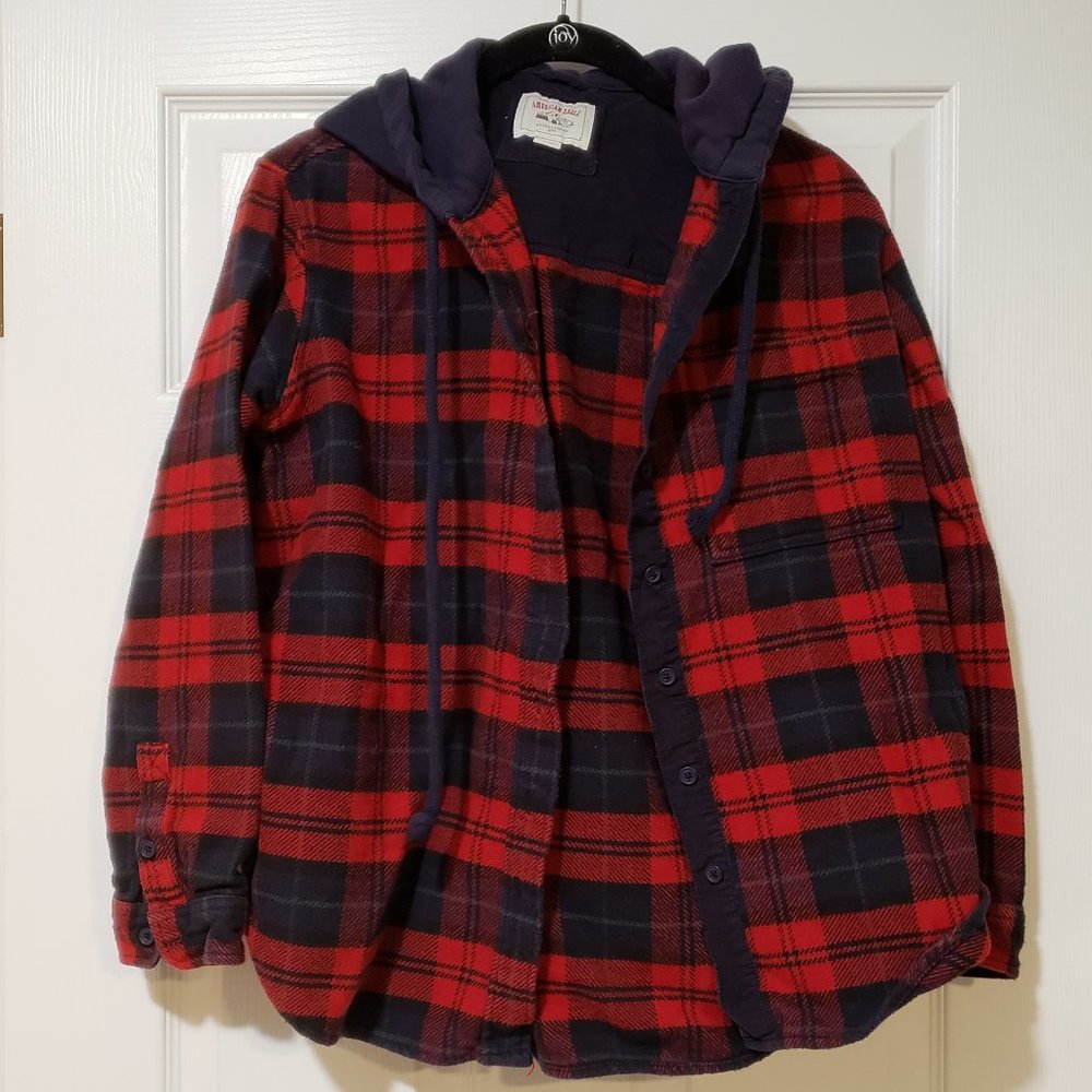 AE American Eagle Cozy Cabin Flannel Hoodie Red Extra Small XS Plaid Blue
